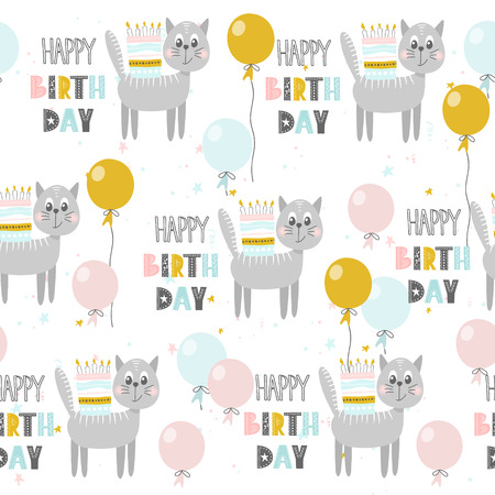 Seamless pattern with cute cat,cake, balloons and lettering Happy Birthday. Vector illustrationのイラスト素材
