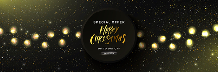 Merry Christmas Sale poster with golden glitter and garland. Vector illustration. Design for invitation, banners, ads, coupons, promotional materialのイラスト素材
