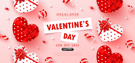 Valentine's Day sale background.Romantic composition with gift boxes, beads and serpentine. Vector illustration for website , posters,ads, coupons, promotional materialのイラスト素材