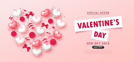 Valentine's Day sale background.Romantic composition with hearts, bows, roses,beads and serpentine. Vector illustration for website , posters,ads, coupons, promotional materialのイラスト素材