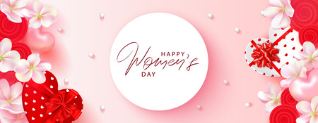 8 March Happy Womens Day banner. Beautiful Background with flowers, hearts and gift boxes. Vector illustration for postcards,posters, coupons, promotional materialのイラスト素材