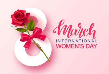 8 March Happy Women's Day banner. Beautiful Background with rose and bow. Vector illustration for website , posters,postcards,ads, coupons, promotional materialのイラスト素材