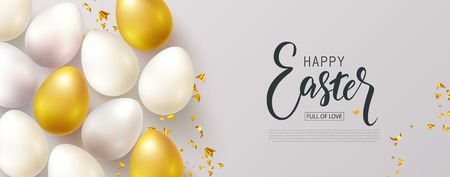Happy Easter banner.Egg hunt. Beautiful Background with eggs and Golden serpentine. Vector illustration for website , posters,ads, coupons, promotional materialのイラスト素材