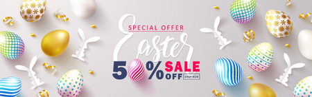 Happy Easter Sale banner.Beautiful Background with colorful eggs, paper bunnies and golden serpentine. Vector illustration for website , posters,ads, coupons, promotional materialのイラスト素材