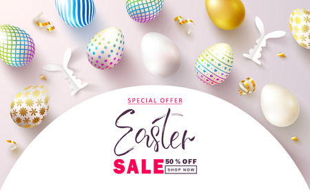 Happy Easter Sale banner.Beautiful Background with colorful eggs, paper bunnies and golden serpentine. Vector illustration for website , posters,ads, coupons, promotional materialのイラスト素材