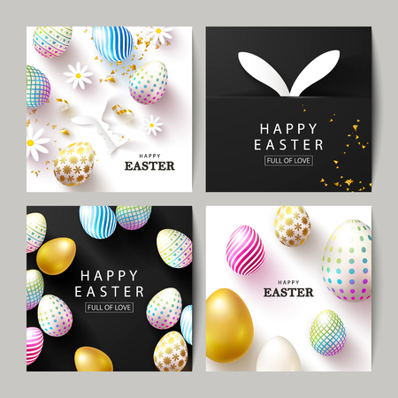 Happy Easter Set of cards.Beautiful Background with colorful eggs, paper bunnies,chamomiles and serpentine. Vector illustration for cards,website , posters,ads, coupons, promotional materialのイラスト素材