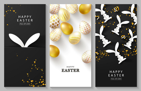 Happy Easter Set of vertical cards.Beautiful Background with golden eggs, paper bunnies and serpentine. Vector illustration for cards,website , posters,ads, coupons, promotional materialのイラスト素材