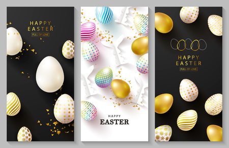 Happy Easter Set of cards.Beautiful Background with colorful eggs, paper bunnies,chamomiles and serpentine. Vector illustration for cards,website , posters,ads, coupons, promotional materialのイラスト素材
