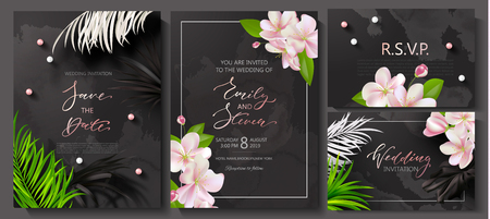 Wedding invitation cards with marble texture,beads, tropical flowers and plants.Vector illustration.のイラスト素材