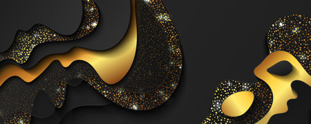 Abstract black background with paper cut out layers and golden sparkles. Vector illustration. Paper cutting texture. Applicable for business banner, flyer, poster, brochure designのイラスト素材