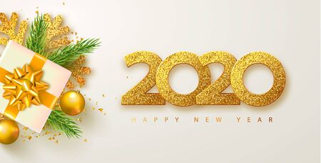 Happy new year 2020 banner with golden luxury numbers,gifts box,spruce branches,streamers and shining snowflakes.. Gold Festive Numbers Design. Vector illustrationのイラスト素材