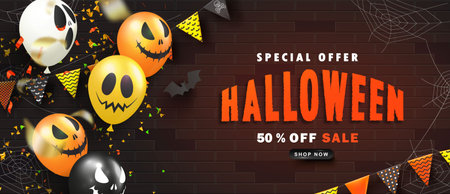 Halloween Sale Promotion Poster with scary balloons, paper bats,cobweb,flags and flying serpentine.Inscription on a brick wall.Vector illustration.のイラスト素材