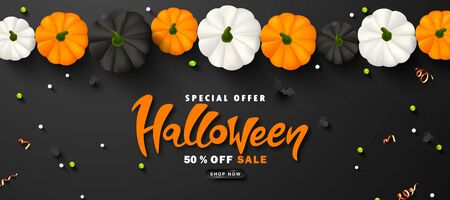 Halloween Sale Promotion Poster with pumpkins, spiders, bats, streamers and beads .Vector illustration for website , posters, ads, coupons, promotional materialのイラスト素材