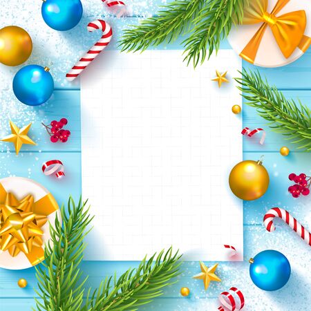 Christmas vector illustration with fir branches, Rowan, Christmas balls, gift boxes, Golden stars, candies and streamers on wooden boards.Template for your textのイラスト素材