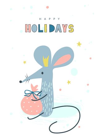 Happy Holidays greeting card with cute mouse or rat.Concept, vector vertical editable template. The symbol of the year in the Chinese calendar. Cartoon. Vector illustrationのイラスト素材