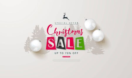 Christmas sale web banner. Holiday background with white Christmas balls.Vector illustration for website, posters, ads, coupons, promotional materialのイラスト素材