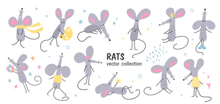 A set of hand-drawn funny rats in different poses.Cute mice for your design.Vector illustrationのイラスト素材