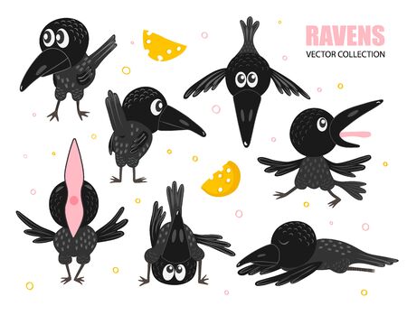 Set of funny crows in different poses. Black raven with cheese. Vector collection for your design.のイラスト素材