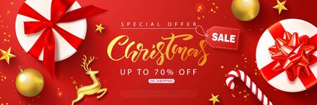 Christmas sale web banner template. Holiday background with gift boxes, Golden metal deer, Christmas tree balls, gold stars and confetti. Vector illustration for coupons,promotional material,website,posters,ads.のイラスト素材