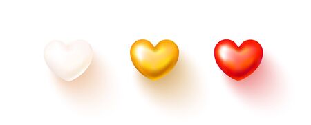 Set of realistic hearts isolated on transparent background.White, red and gold 3D heart with shadow.Vector illustration.のイラスト素材