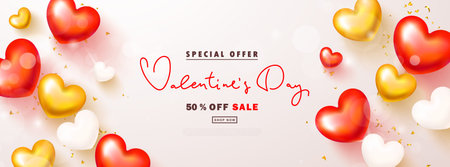 Happy valentine's day sale banner. Holiday background with gold, red and white hearts.Vector illustration for website,posters,ads,coupons,promotional materialのイラスト素材