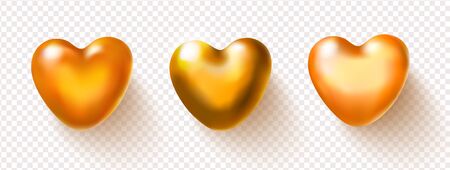 Collection of golden 3D hearts isolated on transparent background.Vector illustration of metallic heart shape.Valentines day or wedding sign. Love conceptのイラスト素材