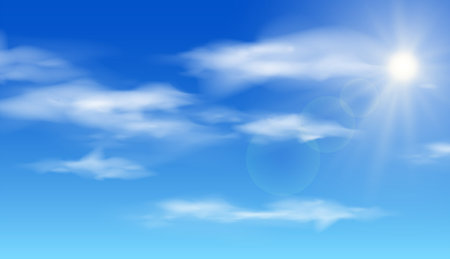Realistic shining sun with lens flare. Blue sky with clouds. Vector illustration.のイラスト素材