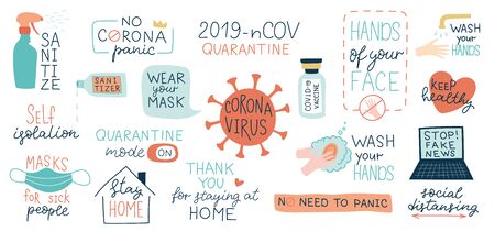 CoronaVirus Covid-19 set of hand drawn elements and labels. Pandemic protection, calligraphy,lettering. Quarantine positive slogans.Vector illustration.のイラスト素材