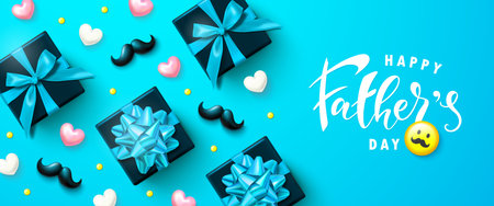 Happy fathers day banner with gift boxes, hearts and moustaches. Template design for postcard, flyer,poster, invitation.Vector illustrationのイラスト素材