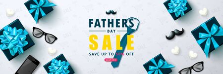 Father s Day sale template vector banner with tie,gift boxes, glasses, mustache, phone and white hearts.Design template for posters,flyers, invitation, promotional materials, brochure, voucher discount.のイラスト素材