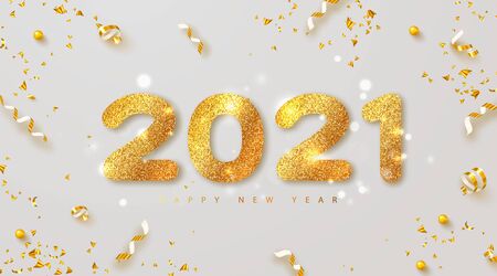 Happy new year 2021 banner with golden luxury numbers and serpentine. Gold Festive Numbers Design. Vector illustrationのイラスト素材
