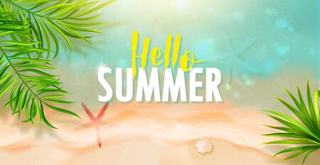 Hello Summer banner template.Top view of the sea wave, starfish and tropical leaves.Beautiful background with seashells on sea sand.Vector illustration.のイラスト素材