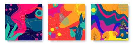 Set of bright abstract cards with tropical leaves. Creative doodles of various shapes and textures....