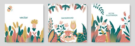 Vector set of abstract backgrounds. Trendy banners, posters, cover design templates, social media wallpaper stories with spring leaves and flowers.のイラスト素材