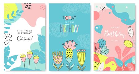Happy birthday greeting cards and party invitation templates, hand drawn style.Vector illustration.のイラスト素材