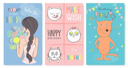 Happy birthday greeting cards and party invitation templates, hand drawn style.Vector illustration.のイラスト素材
