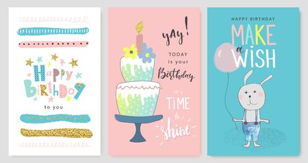 Happy birthday greeting cards and party invitation templates, hand drawn style.Vector illustration.のイラスト素材