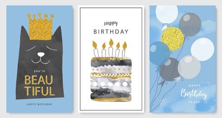 Happy birthday greeting cards and party invitation templates, hand drawn style.Vector illustration.のイラスト素材
