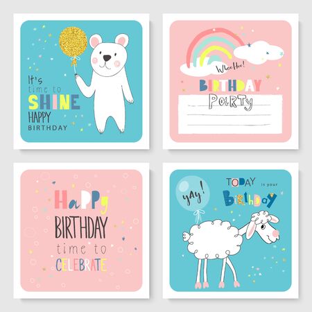 Set of Birthday greeting cards and party invitation templates with cute hand drawn animals. Vector illustrationのイラスト素材