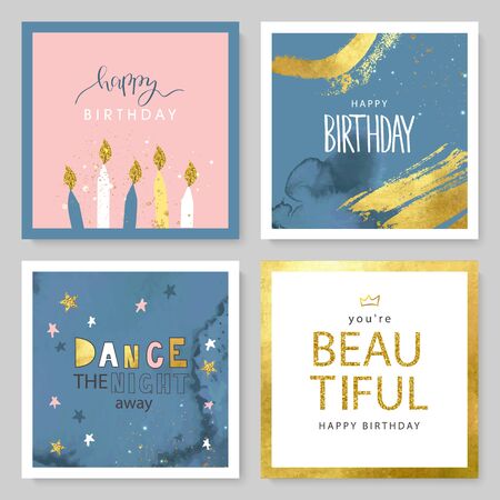 Set of Birthday greeting cards and party invitation templates with hand drawn elements and watercolor texture. Vector illustrationのイラスト素材