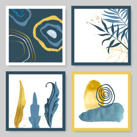Set of abstract illustrations with watercolor texture, gold strokes and tropical leaves.Minimalistic design,hand-drawn creative elements.Backgrounds for decorating walls, covers,postcards, brochures and more.のイラスト素材
