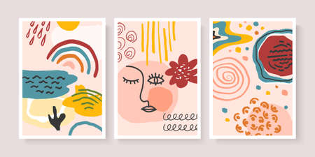 Set of abstract backgrounds with hand drawn various shapes and doodle objects. Contemporary modern trendy design. Vector illustrationsのイラスト素材