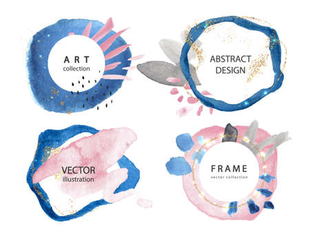Set of creative frames with watercolor strokes and gold sparkles.Modern design for postcards, invitations, brochures and other uses.Vector illustrationのイラスト素材