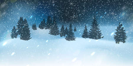 Winter Christmas background with blue night sky, heavy snowfall, snow, snowy coniferous forest and snowdrifts.Vector illustration.のイラスト素材