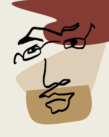 Abstract face line.Modern drawing in the art Nouveau cubism style.Portrait of a female face isolated on a white backgroundのイラスト素材