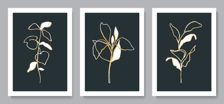 Set of beautiful backgrounds with golden plants.Minimalist design for background, wallpaper, wall decor, brochure, print, card. Vector illustrationのイラスト素材
