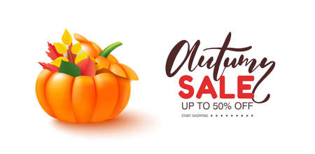 Autumn sale banner template with pumpkin and leaves. Poster, card, label, web banner. Vector illustrationのイラスト素材