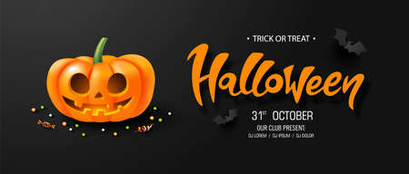 Halloween background with glowing pumpkin and bats.Flyer or invitation template for Halloween party. Vector illustration.のイラスト素材