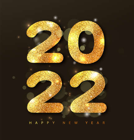 2022 Happy New Year holiday greeting card with golden numbers and sparkles. Merry Christmas and Happy New Year holiday symbol template. Vector backgroundのイラスト素材