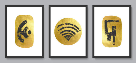 Set of modern abstract wall art compositions.Hand drawn black and golden geometric shapes and...